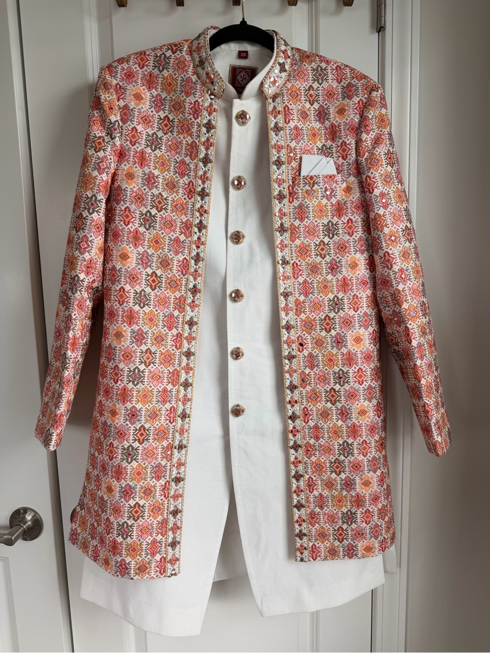 Men’s Embroidered Orange Multi-Color Long Sherwani: 3 piece set